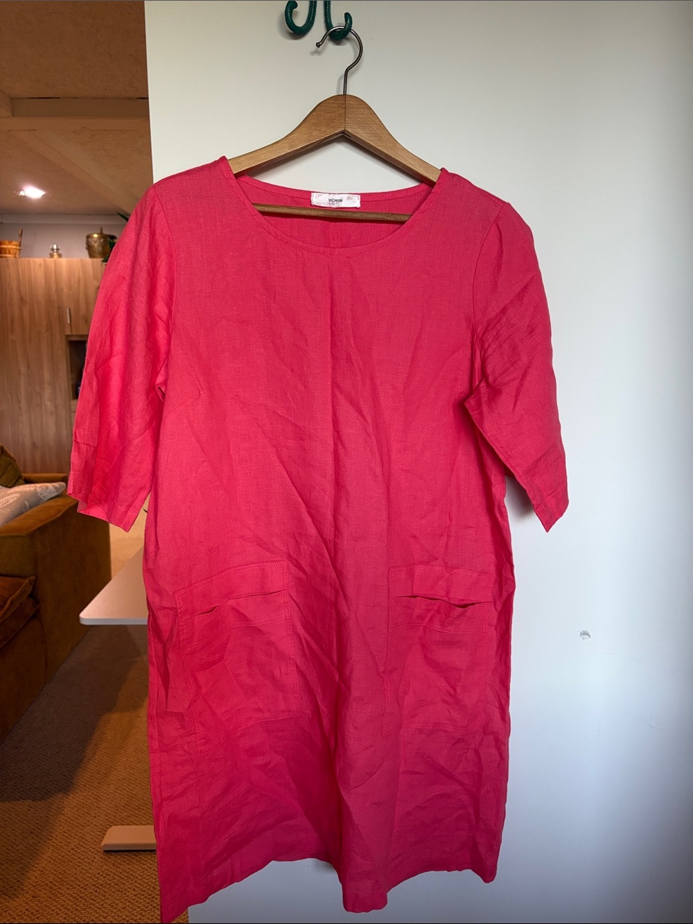 UCHUU 100% Linen Coral Pink Shift Dress Tunic Size 2 Pockets